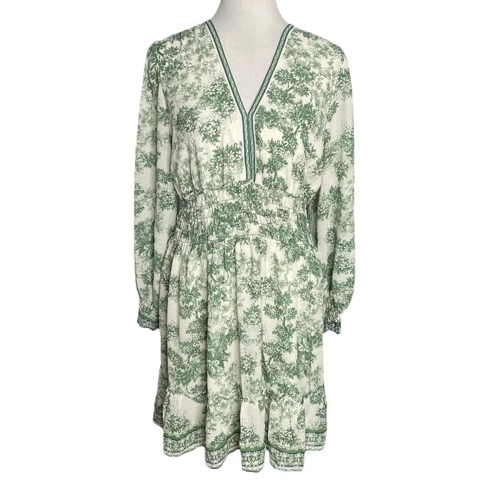 Max Studio Ivory Green Garden ‎ Floral Smocked Waist Dress Size Large
